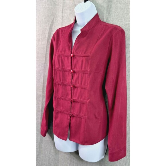 Dress Barn Women's Sueded Button Down Shirt Size M Red Asian Style Military - Picture 4 of 9